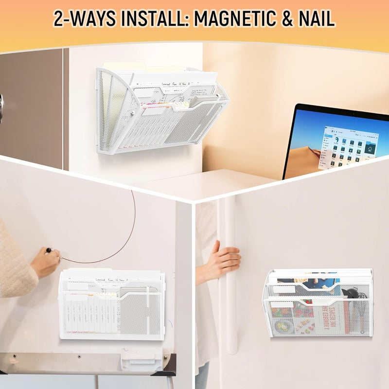 Docnest 3 Tier 3 Pack Magnetic Wall Mounted File Holders,Mesh Letter Organizer, Magnetic Hanging Mail Paper Document Organizer for Office, Home, School, White - Image 5